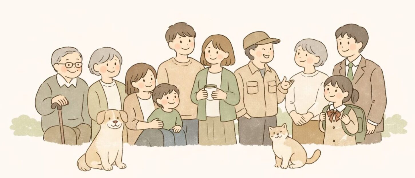 子どもと大人が並んでいるイラスト